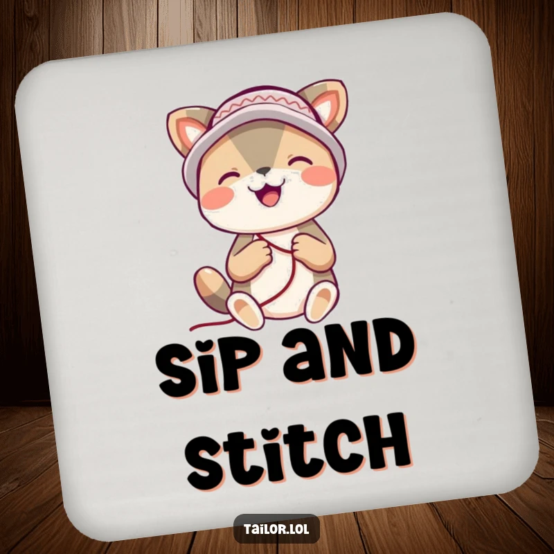 Funny animal drink coaster, a cheerful creature wearing a thimble hat, happily stitching, adding a touch of craft to any surface.