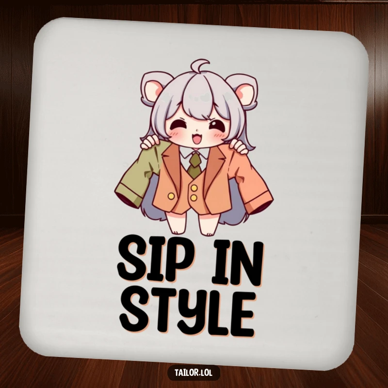 Funny tailor coasters featuring a character holding a perfectly tailored garment, protecting surfaces with style.