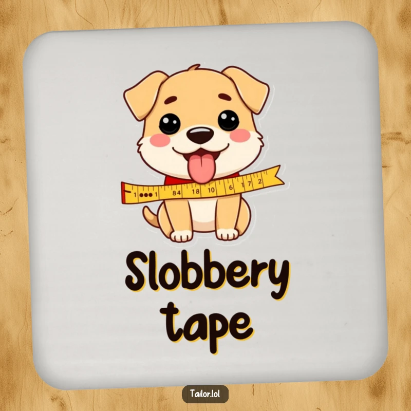 Funny dog drink coaster art of a happy dog tongue out, measuring a ribbon, adding a humorous touch to parties.