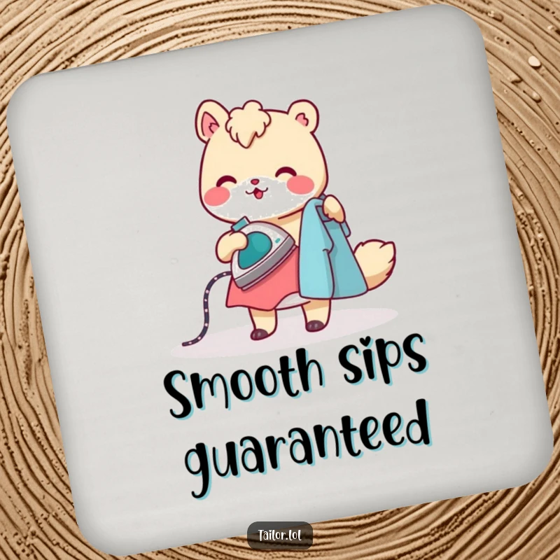 Funny drink coaster featuring a cheerful animal character ironing clothes with a tiny, steaming iron, providing humorous surface protection.