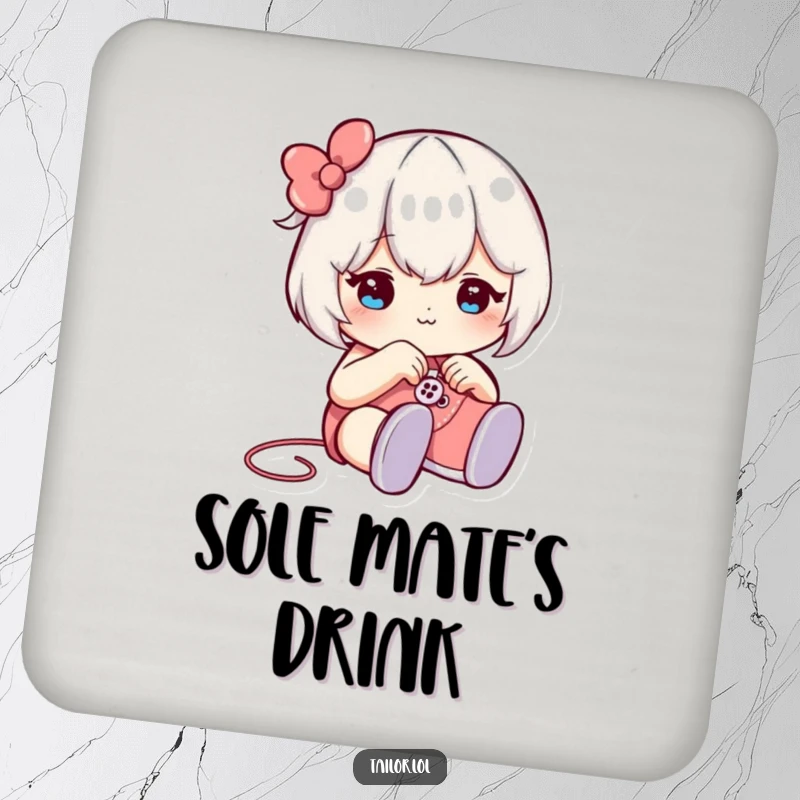 Funny drink coaster featuring a character winking while sewing a button onto a tiny shoe, adding humor to drink service.