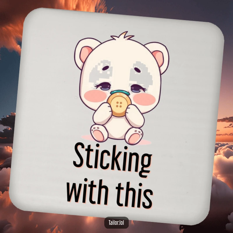 Funny character hilariously sewing a button onto their own nose, a humorous and protective coaster.