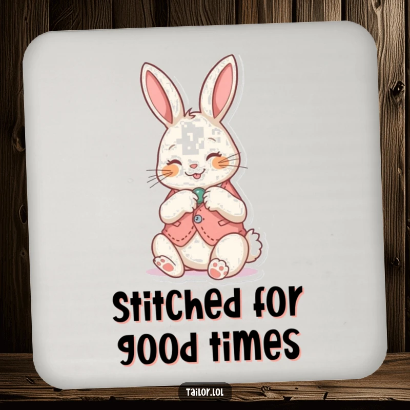 Funny Coasters: Happy bunny sewing a button onto a tiny vest, protecting surfaces with a smile.