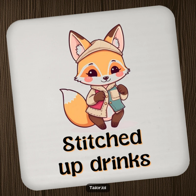 Funny Kawaii fox tailor character sewing a quirky, mismatched patch on a drink coaster, unique and funny gift.