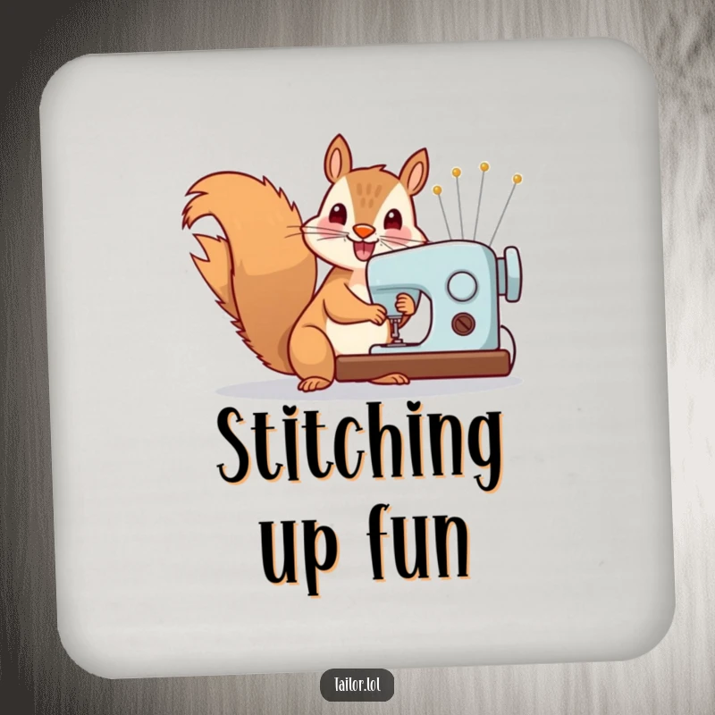Funny Coasters: Cheerful squirrel sewing with oversized needles, adding humor and style to table protection.