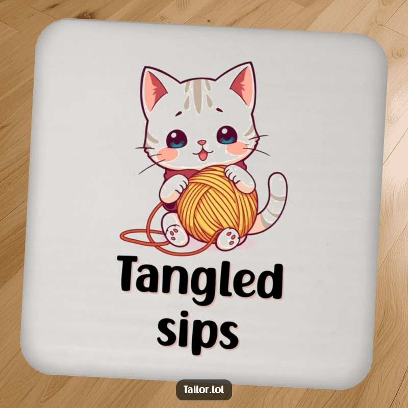 Funny drink coaster depicting a surprised Kawaii cat tailor comically tangled in a large ball of yarn, suitable for craft rooms.