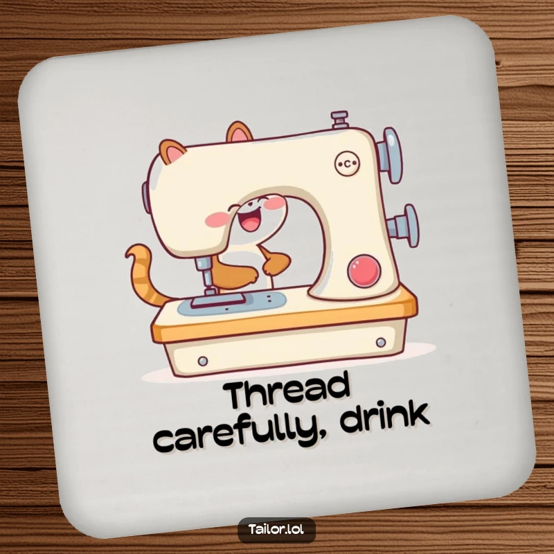 Funny drink coaster featuring an animal joyfully operating a comically large sewing machine, a humorous addition to any table.