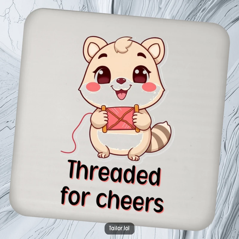 Funny Drink Coaster: Cute animal character holding a spool of thread with a cheerful grin, protecting the surface.