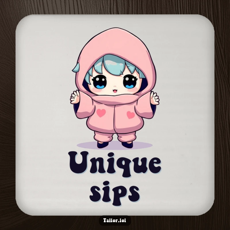 Funny drink coaster featuring a character proudly displaying an odd, colorful garment, adding humor to drink service.