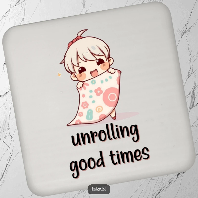 Funny coaster set with a character happily unrolling a patterned bolt of cloth, protecting surfaces with style and humor.