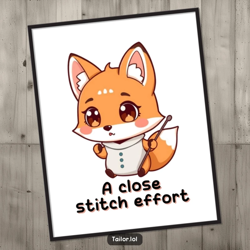 Funny surprised fox tailor dropping a needle, wide-eyed, sewing humor wall art, perfect funny gift.