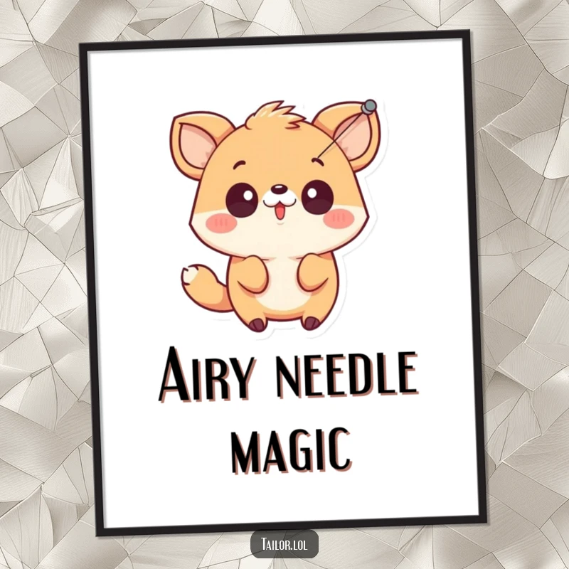 Funny cute animal character looking surprised by a needle and thread, presented as whimsical wall art for humorous delight.