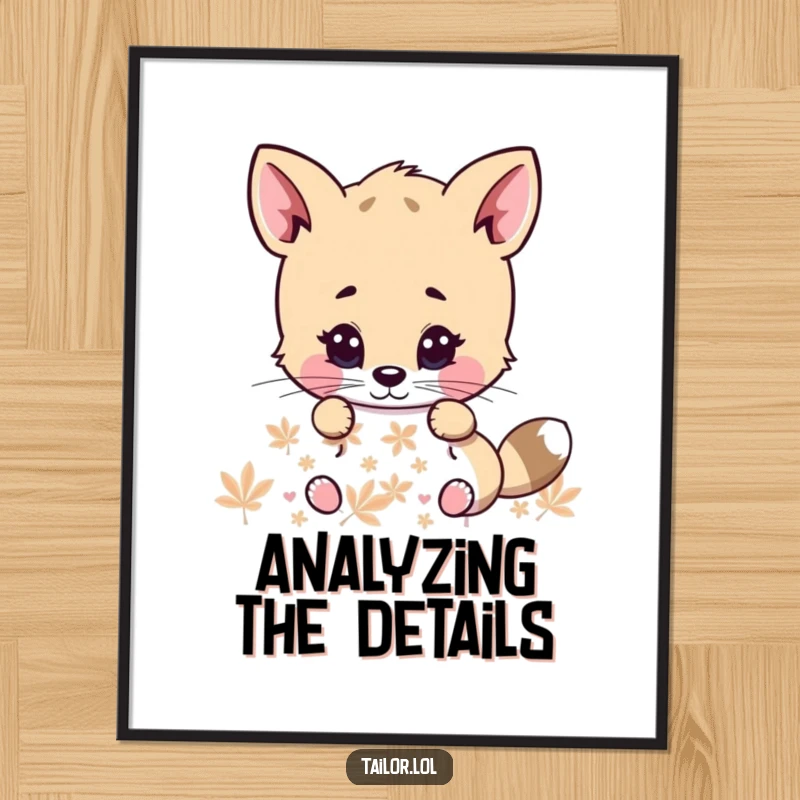 Funny poster capturing a cute animal character engrossed in examining a pattern with extreme focus and adorable intensity, perfect for any wall.