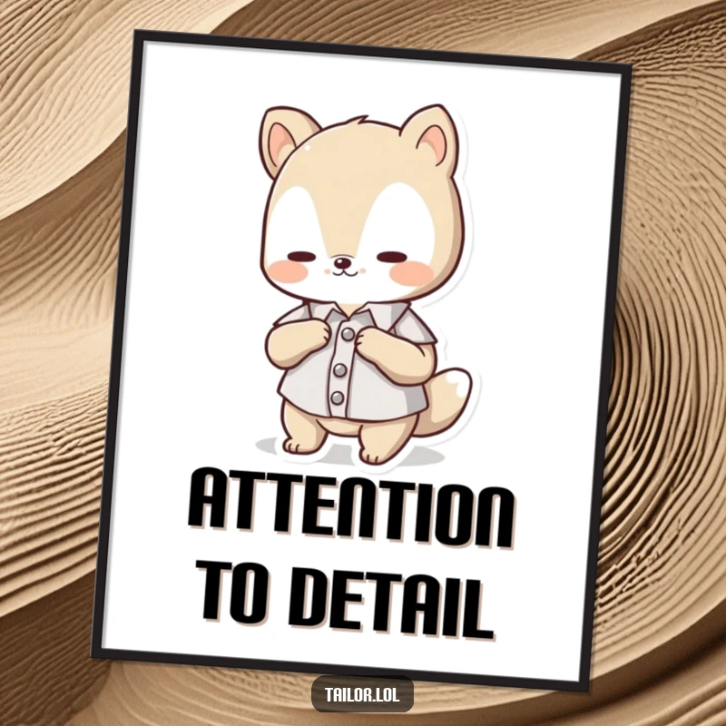 Funny Poster: Cute animal character meticulously adjusting a tiny button on a miniature shirt, embodying focused effort.