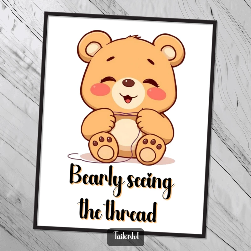 Funny giggling bear character with large paws attempting to thread a tiny needle, humorous wall art for a playful space.