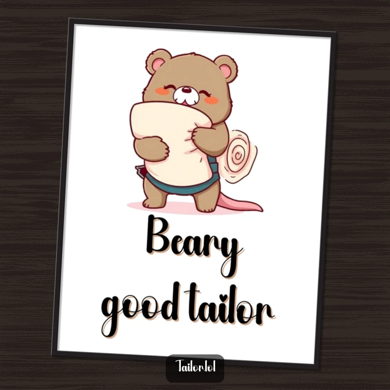 Funny playful bear tailor wrestling a large roll of fabric, comical wall art, sewing humor, perfect funny gift.