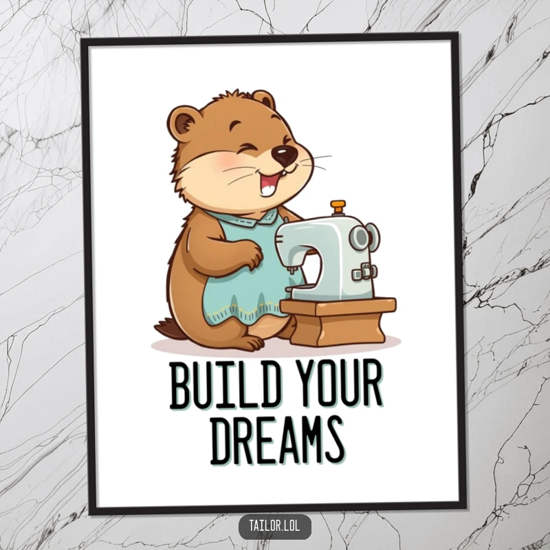 Funny enthusiastic beaver tailor sewing on a small machine, presented as an inspiring poster for workshops and humorous decor.