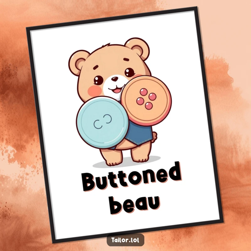 Funny poster showing a happy Kawaii bear tailor proudly holding a large, colorful button, perfect for decorating sewing areas.