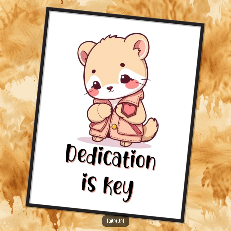 Funny Sewing Animal Poster: A cute animal character focused on sewing a patch onto a miniature jacket. Inspiring art for crafters.