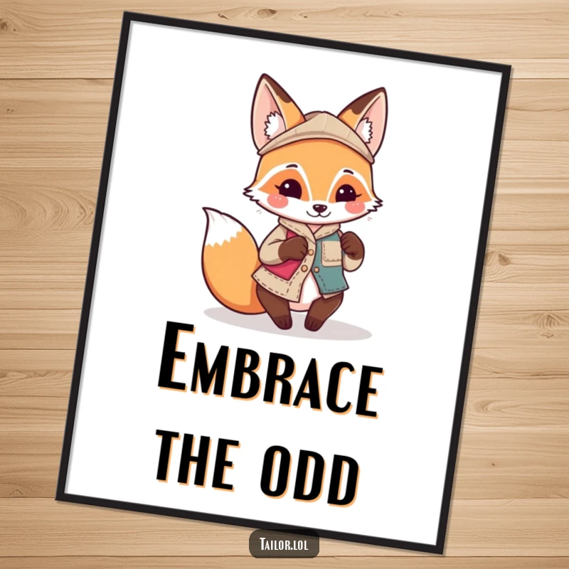 Funny Kawaii fox tailor character sewing a quirky, mismatched patch, humorous poster for crafters, funny gift.