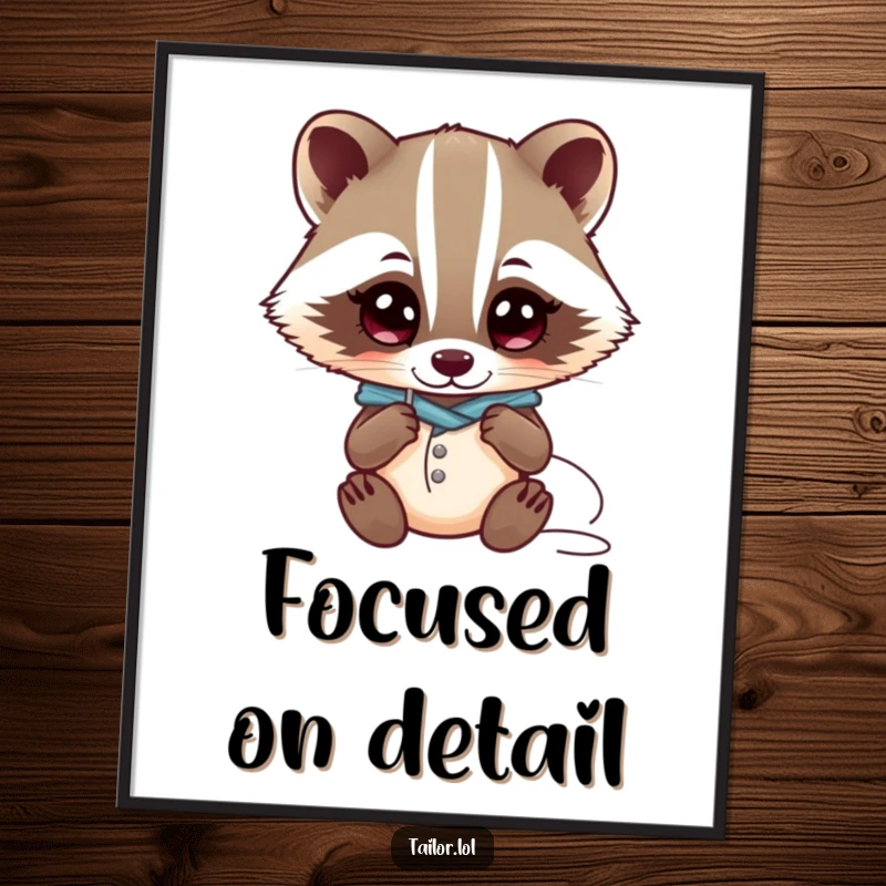 Funny Kawaii badger tailor character examining a needle and thread with wide eyes, thoughtful poster, funny gift.