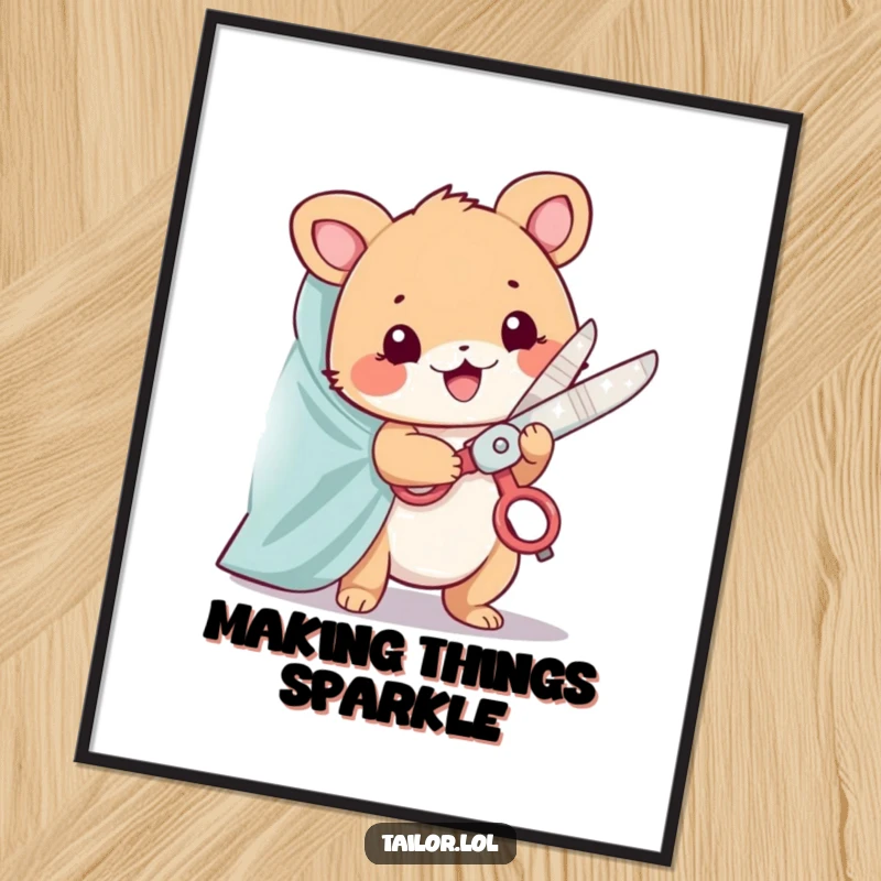 Funny poster featuring a cute animal character happily snipping fabric with oversized, sparkling scissors, whimsical wall decor.