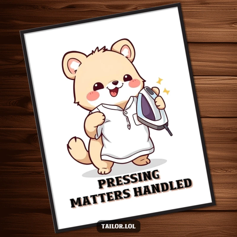 Funny poster capturing a cute animal character happily ironing a wrinkled shirt, radiating domestic bliss and humorous charm.