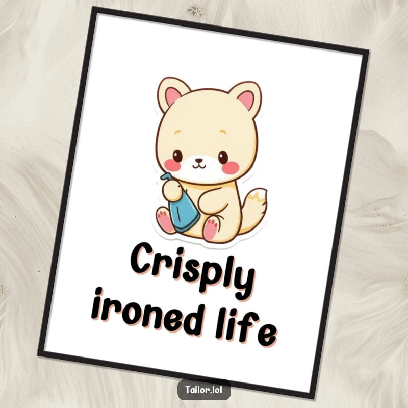 Funny Poster: Cute animal character meticulously ironing a minuscule piece of cloth with a tiny iron, embodying focused effort.