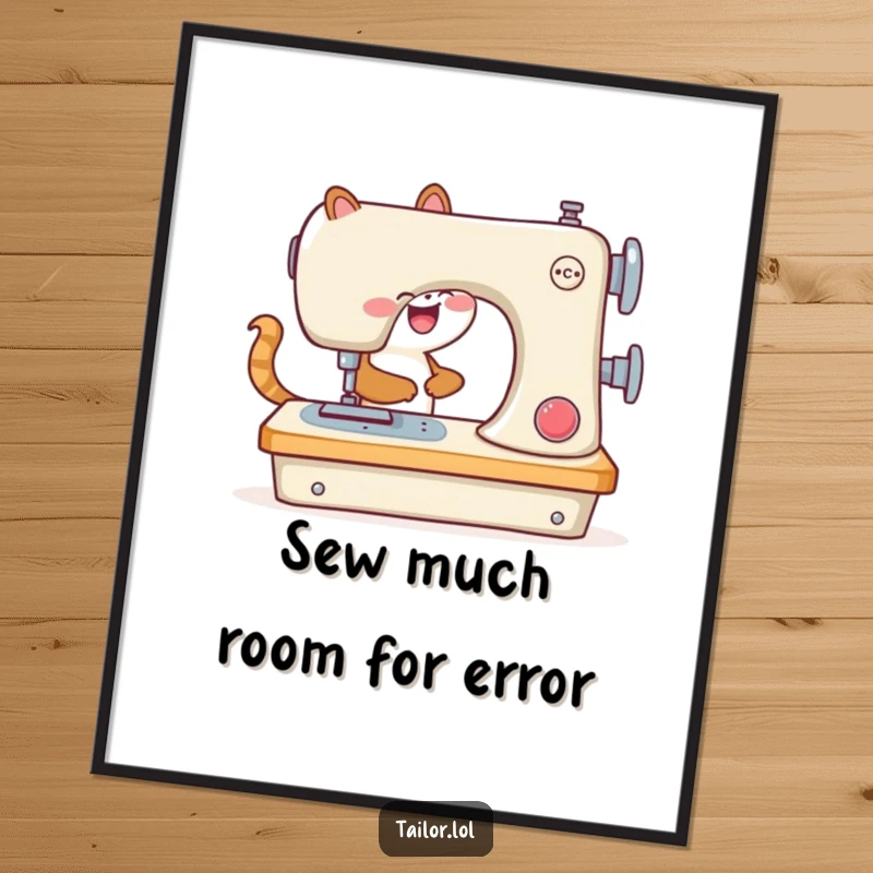 Funny poster art of an animal joyfully using a comically large sewing machine, a humorous craft room decoration.