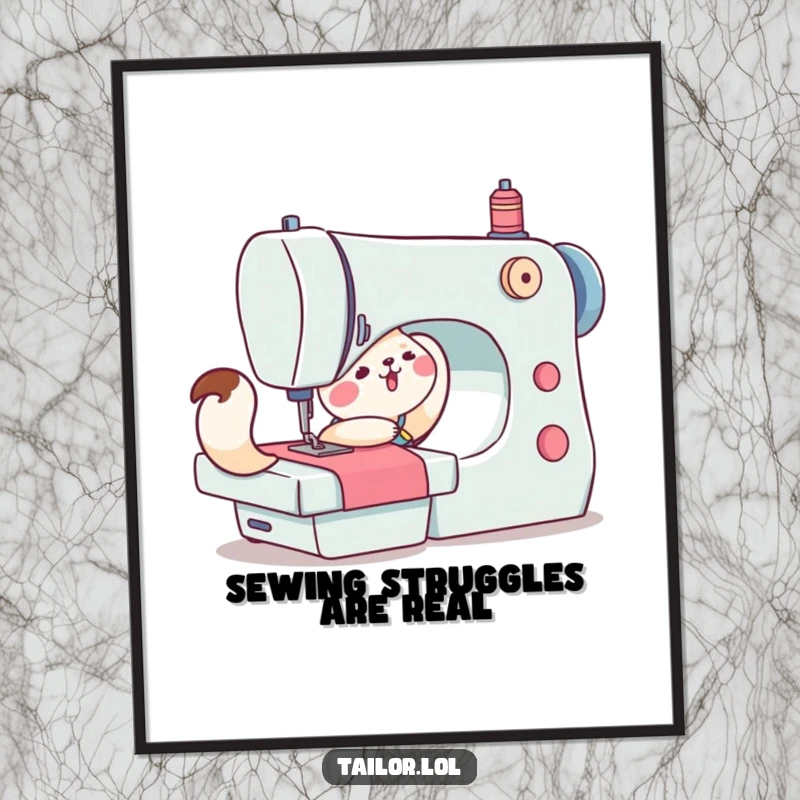 Funny poster capturing a cute animal character exerting comical effort to push a large sewing machine, illustrating the humorous side of crafting.