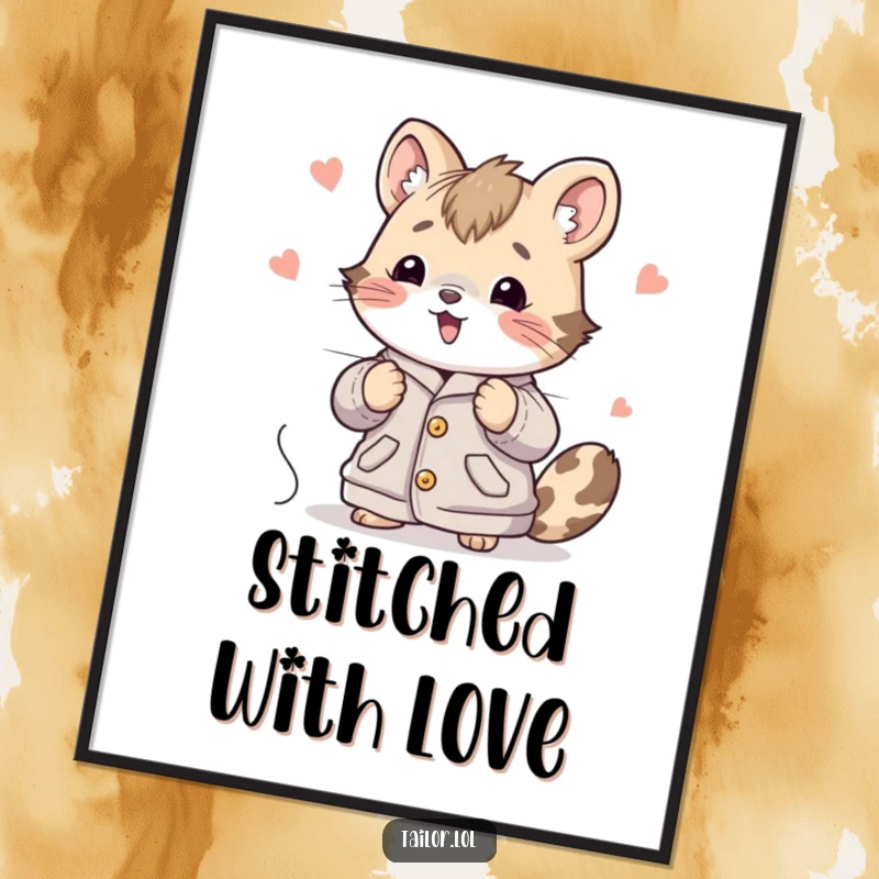 Funny Cute Animal Poster Enthusiastically Stitching a Large Garment, Whimsical and Inspiring Craft Room Decor.