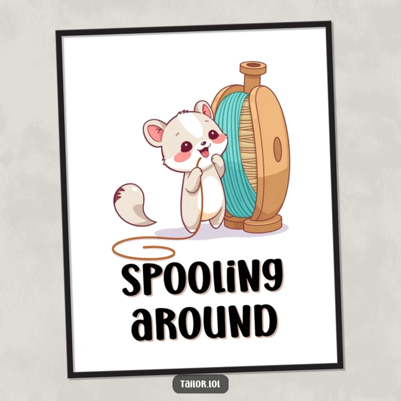 Funny poster of an animal character playfully pulling a thread from a giant spool, whimsical and humorous wall decor.