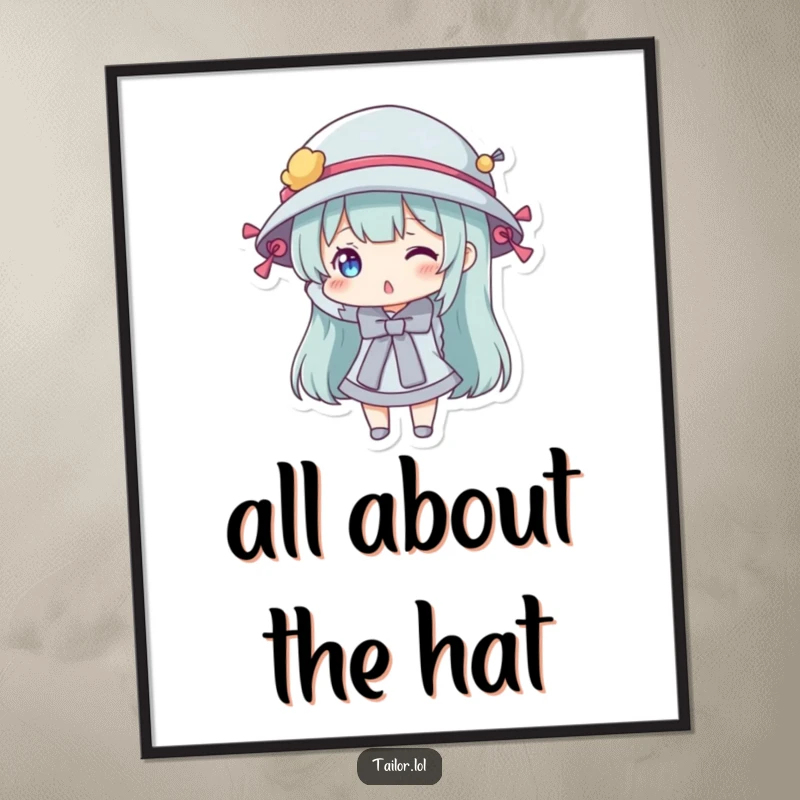 Funny poster of a character playfully wearing a hat adorned with sewing bobbins, symbolizing creative expression and fun.