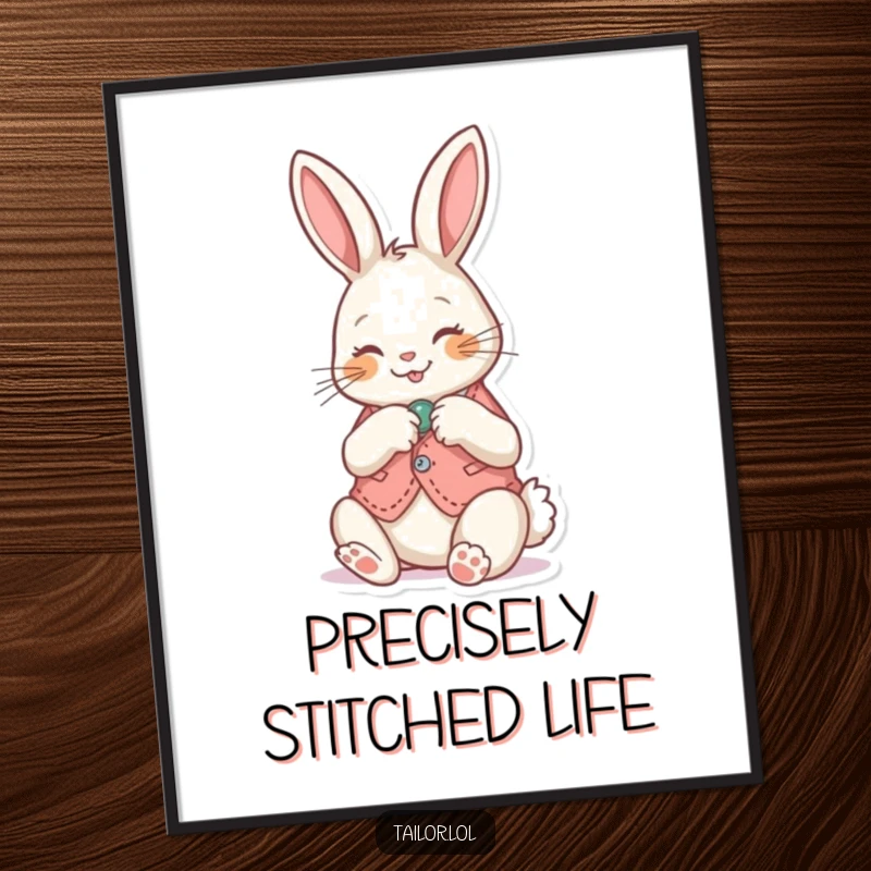 Funny Poster: Happy bunny sewing a button onto a small vest, a delightful and humorous depiction of a crafter.