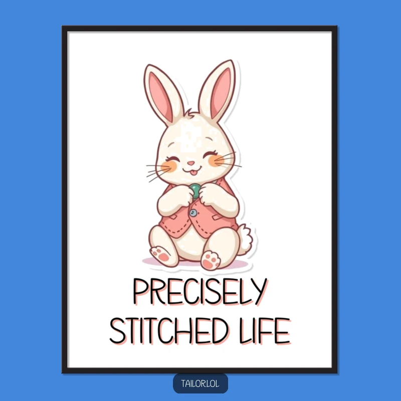 Funny Bunny Sewing Poster: Whimsical Rabbit Mending Tiny Vest Wall Art, Gift Idea