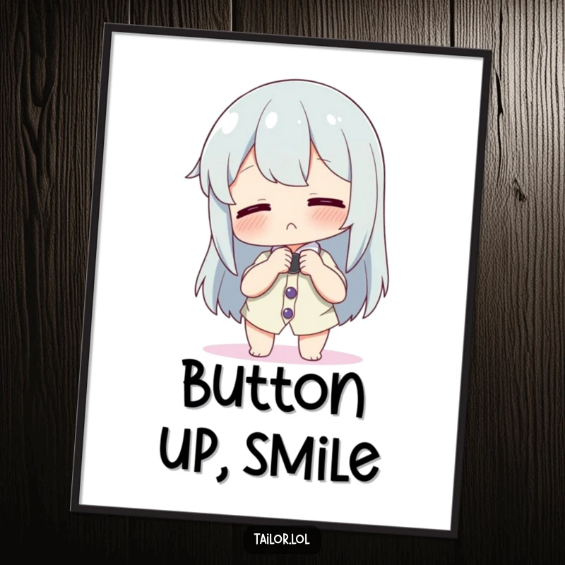 Funny poster featuring a character playfully adjusting a comically large button on a tiny shirt, humorous wall decor.