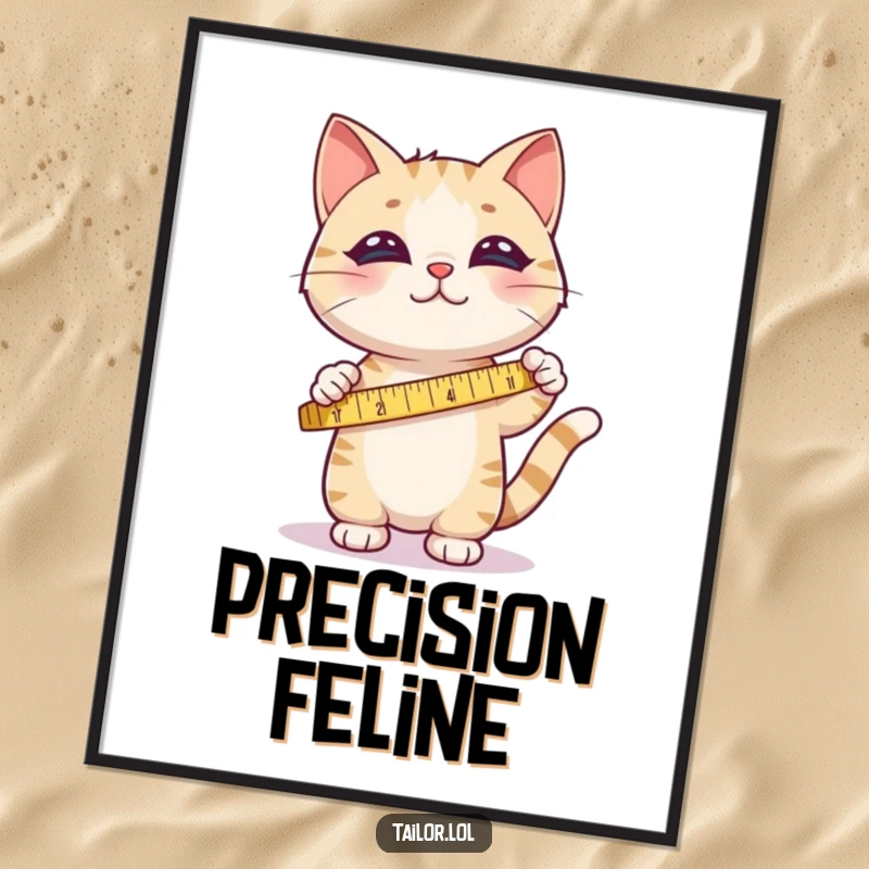 Funny poster of a cute cat happily measuring fabric with a tape measure, adding humor to wall decor.
