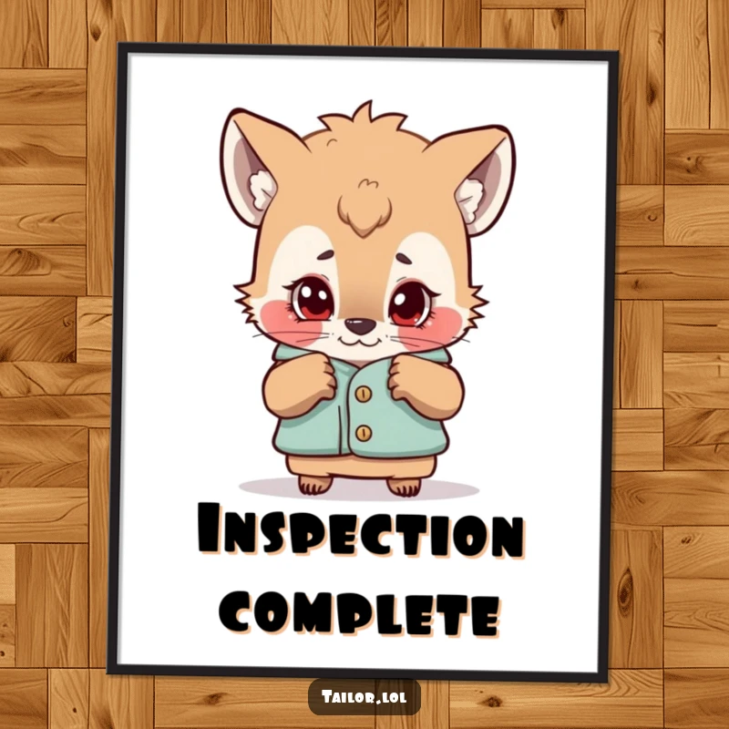 Funny poster depicting a curious animal character inspecting a garment with a critical eye, celebrating fashion critique with humor.