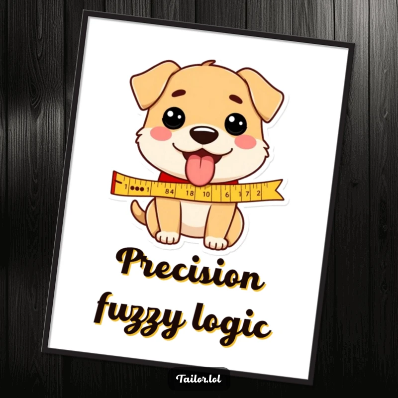 Funny dog poster print of a happy dog tongue out, measuring ribbon, adding a dash of playful humor to any room.