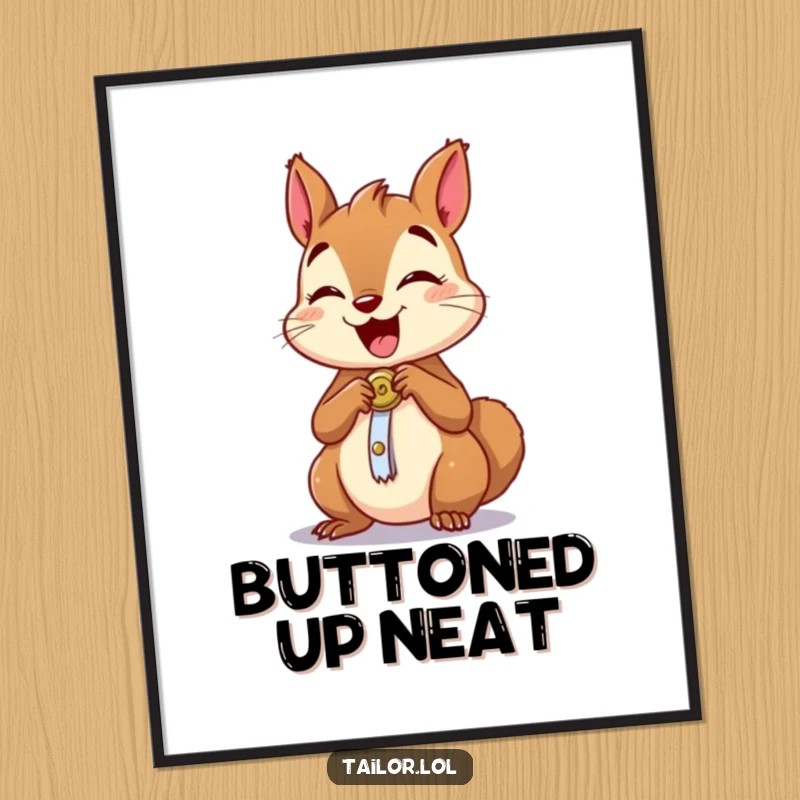 Funny poster featuring an excited squirrel character sewing a button onto a tiny garment, humorous wall decor.