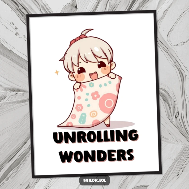 Funny poster of an ecstatic character unrolling a large, patterned bolt of fabric, celebrating the beauty and potential of textiles.