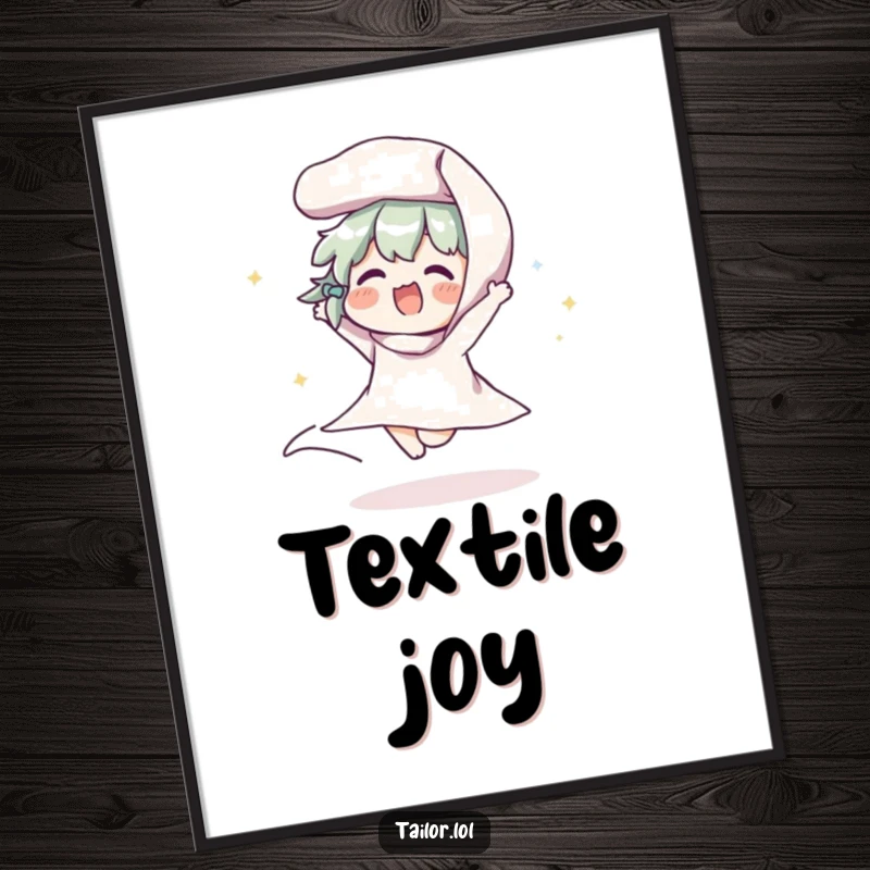 Funny poster showing a character joyfully bouncing a roll of fabric, perfect for inspiring sewers and crafters with humor.