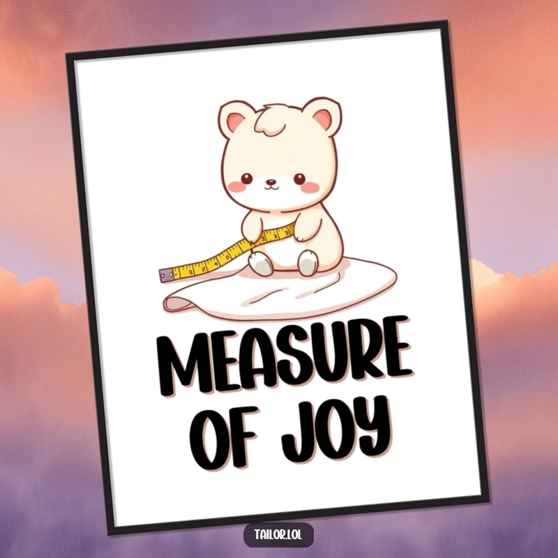 Funny fabric measuring animal poster featuring a cute character measuring a long trail of fabric, perfect wall art for crafters.
