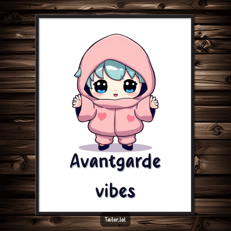 Funny poster showing a character proudly exhibiting a brightly colored, oddly shaped garment with a humorous, confident stance.