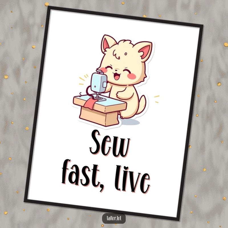Funny fast sewer poster, a joyful animal character operating a sewing machine at high speed, dynamic artwork.