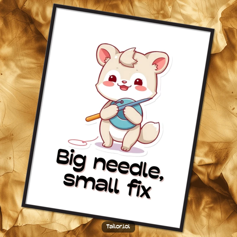 Funny animal poster, a playful creature using a giant needle to sew a button, showcasing a charming mending scene.