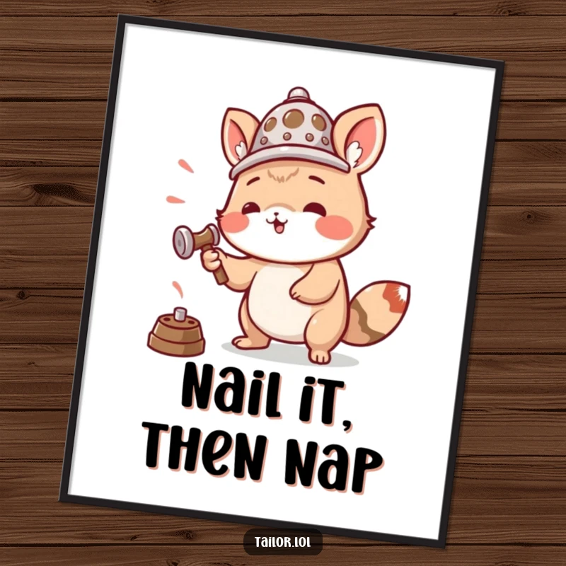 Funny poster art of an animal wearing a thimble as a hat, enthusiastically hammering, celebrating DIY spirit and handiwork.