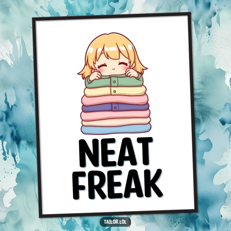 Funny poster of a proud character meticulously arranging a neat pile of folded garments, symbolizing the satisfaction of organization.