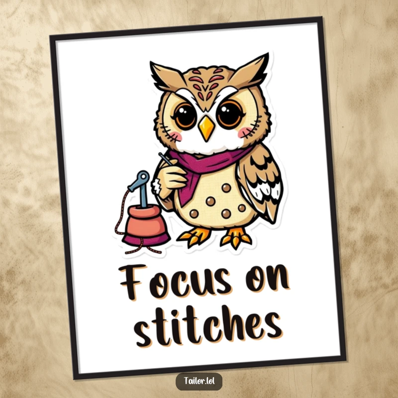 Funny owl tailor focused on stitching a colorful patch, presented as an inspiring poster for sewing rooms and humorous decor.