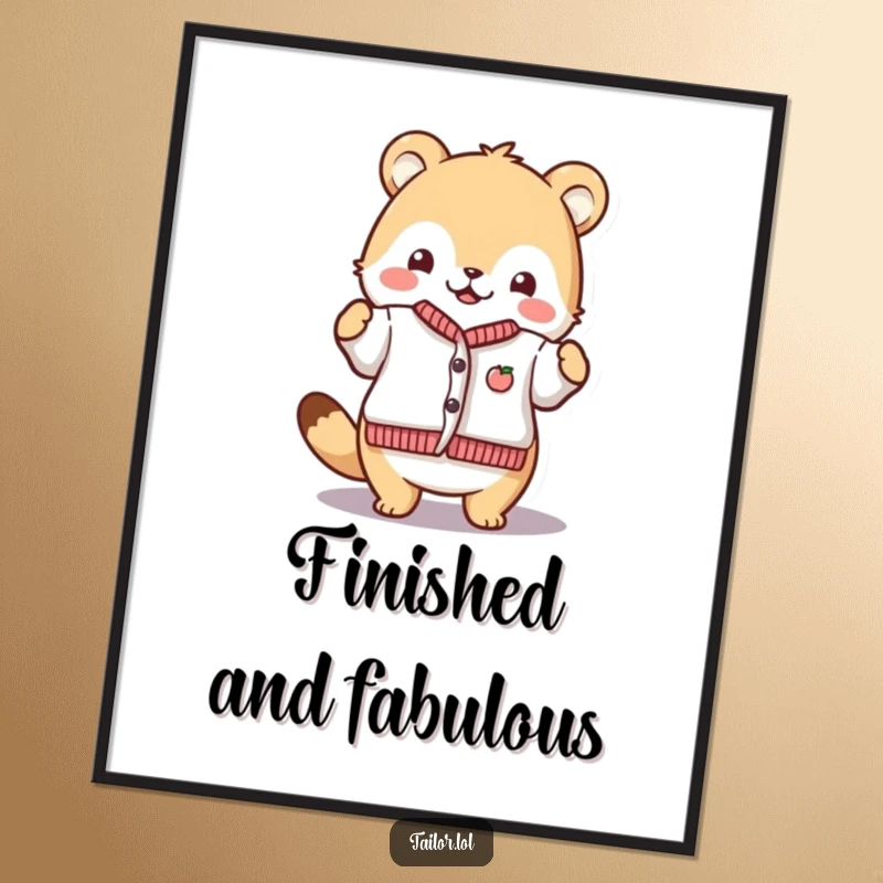 Funny Proud Crafter Poster: A cute animal character proudly displaying a finished tiny garment, beaming with accomplishment. Inspiring art for makers.